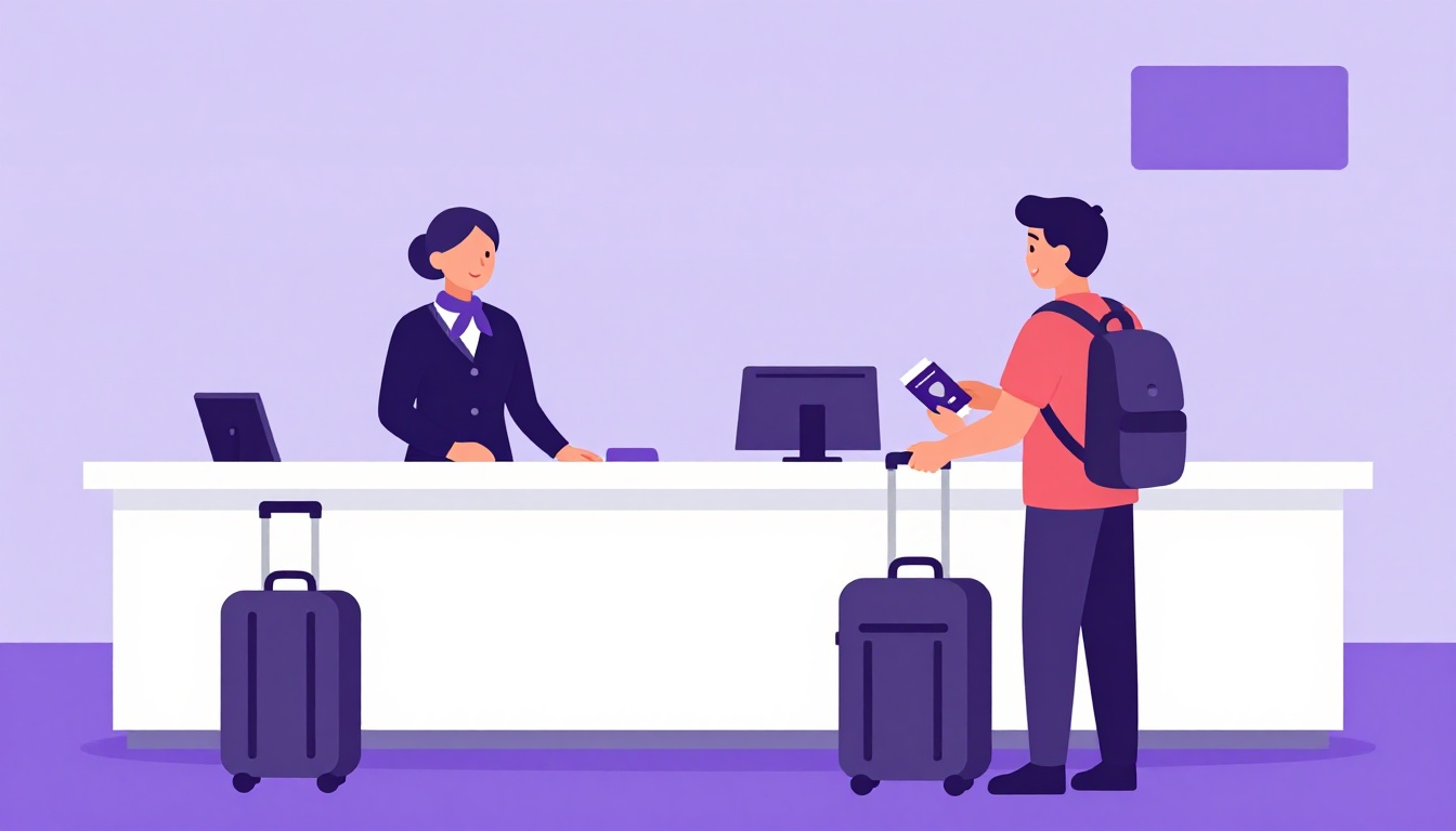 Passageiro com mochila entregando o passaporte para uma atendente da companhia aérea no balcão de check-in do aeroporto