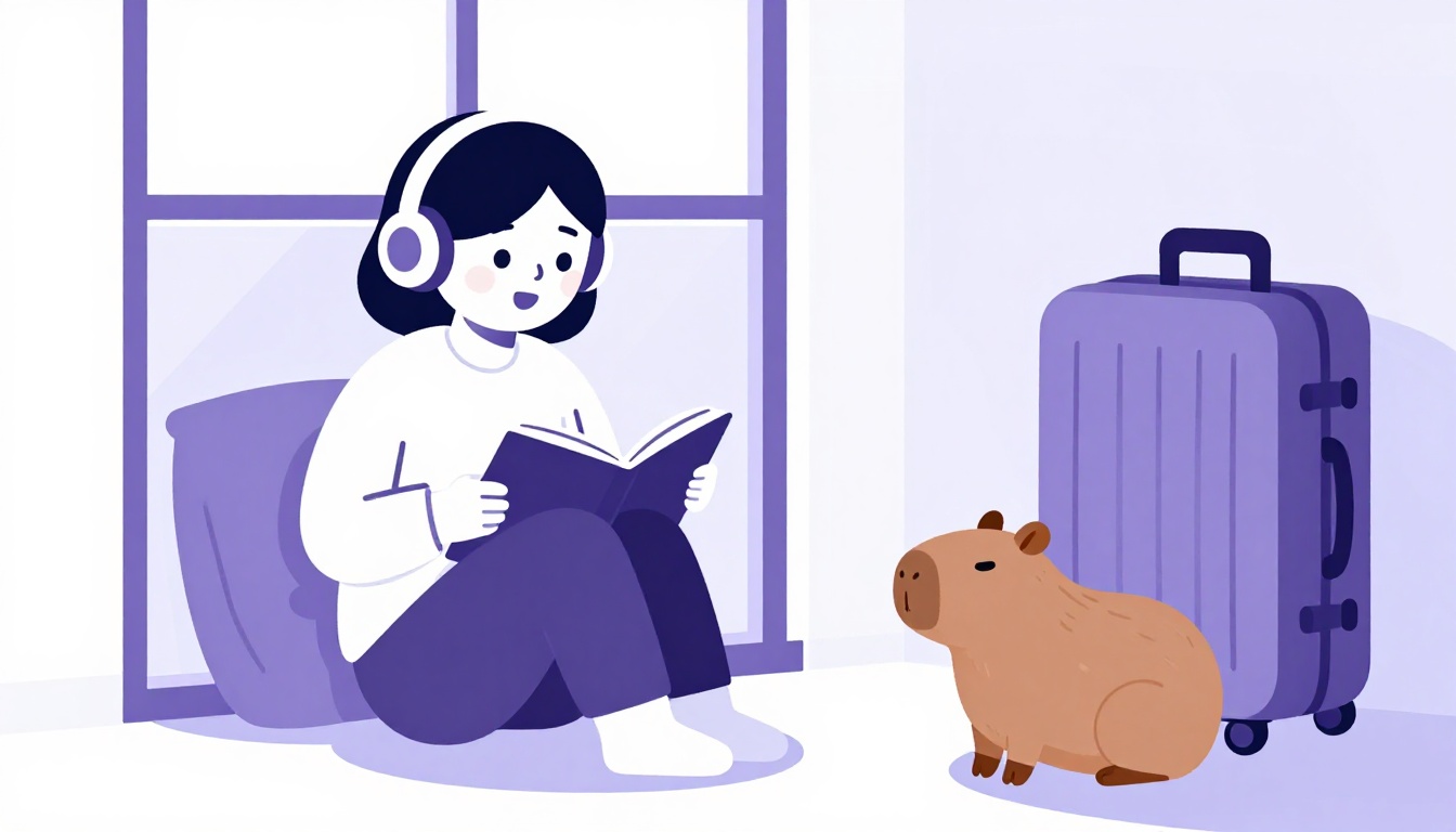 Pessoa treinando inglês em voz alta em casa, sentada perto de uma janela com um caderno aberto e um fone de ouvido, mala de viagem pronta ao fundo