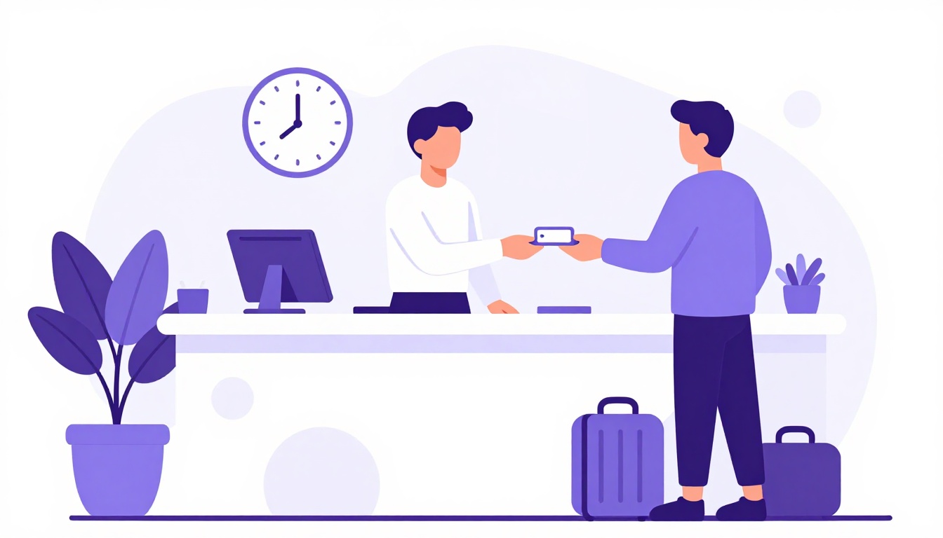 Recepcionista de hotel entregando um cartão-chave para um hóspede no balcão de check-in, com malas ao lado
