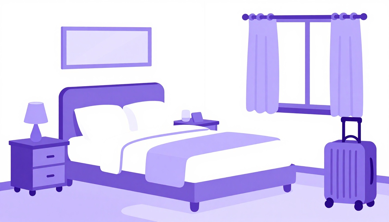 Quarto de hotel aconchegante com cama arrumada, criado-mudo, cortina e uma mala perto da janela