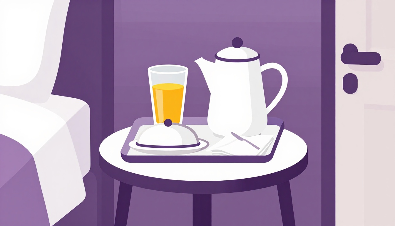 Bandeja de room service com prato coberto, suco de laranja e bule de café em uma mesinha perto da porta do quarto