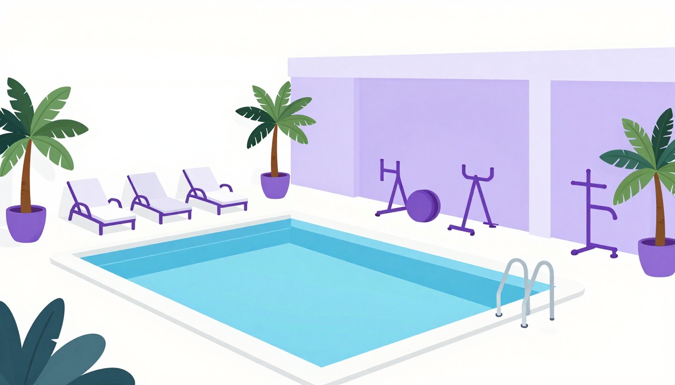 Área de piscina de hotel com espreguiçadeiras, plantas e equipamentos de academia visíveis ao fundo