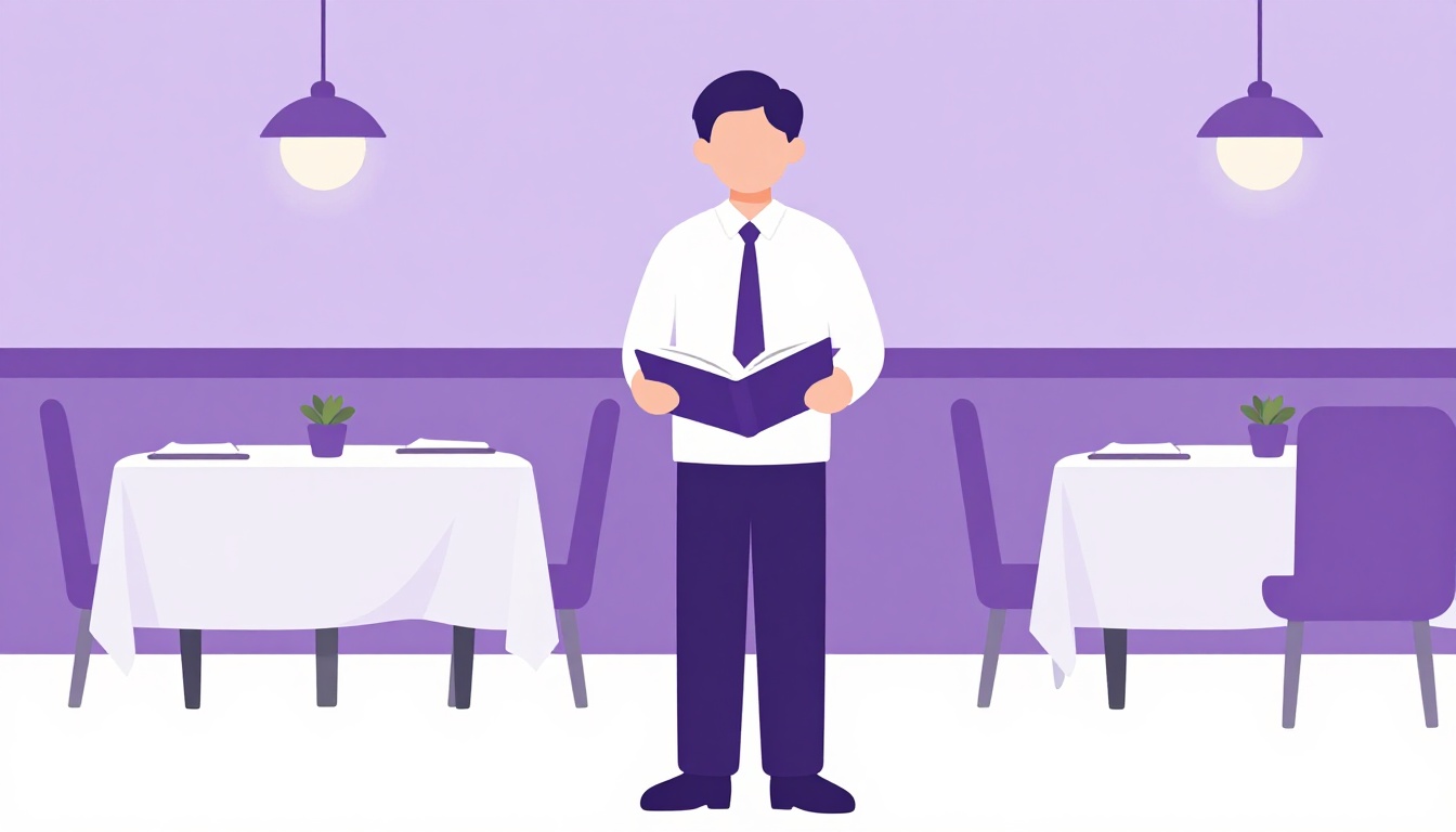 Anfitrião de restaurante recebendo clientes perto de um pequeno balcão de reservas com plantas ao redor