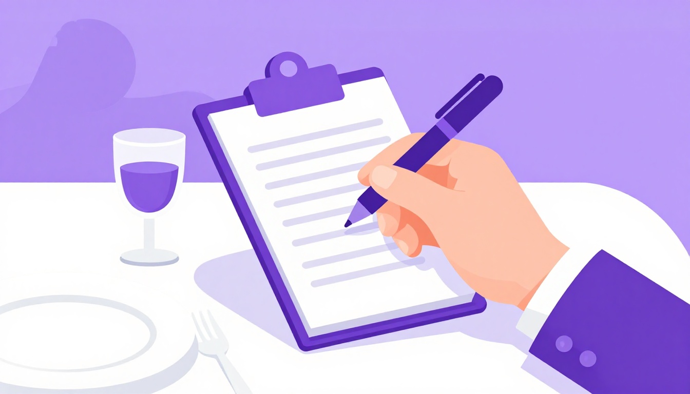 Garçom anotando um pedido num pequeno bloco de notas ao lado de uma mesa posta com pratos e talheres