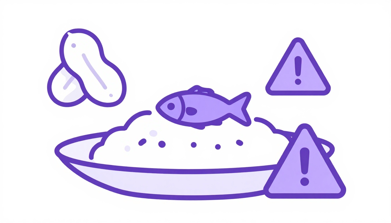Prato de comida ao lado de pequenos ícones representando amendoim, trigo e peixe, simbolizando alergias alimentares