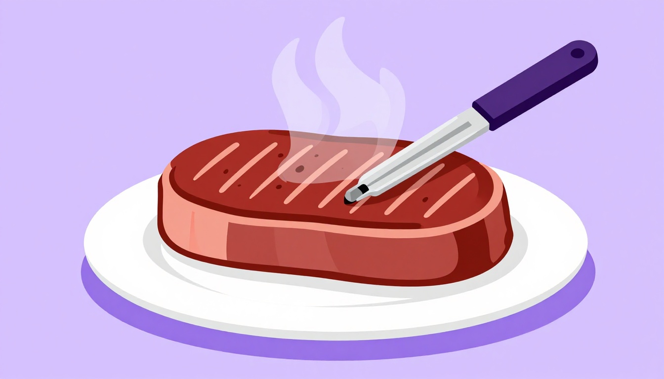 Bife grelhado numa chapa com marcas de grelha bem visíveis e vapor subindo, termômetro de carne ao lado