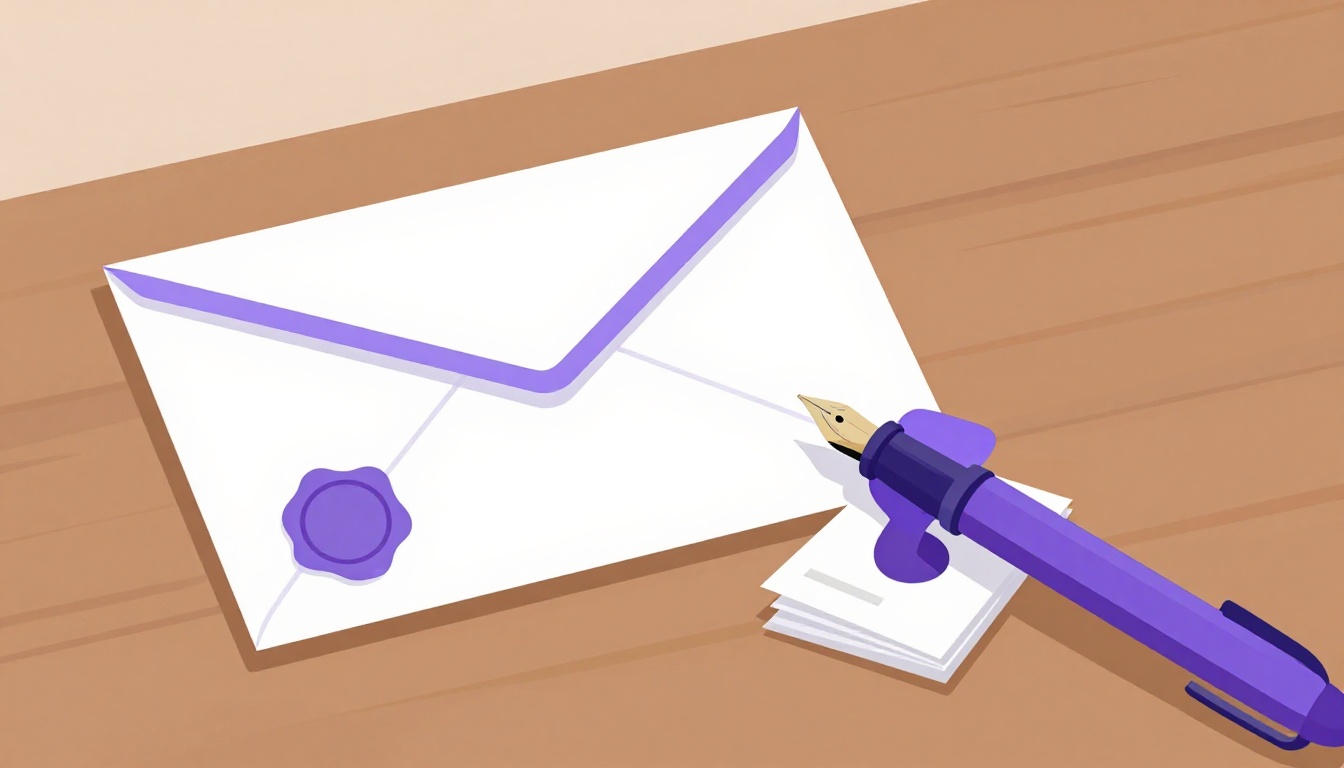Un sobre formal con un sello de lacre y una pluma estilográfica sobre un escritorio de madera, imagen del subjuntivo mandativo en correos formales