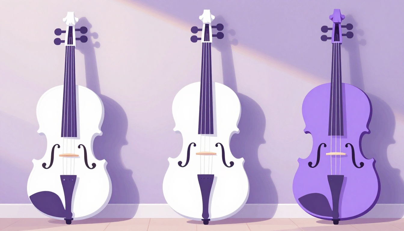 Violino, violoncelo e contrabaixo apoiados em uma parede de estúdio de música