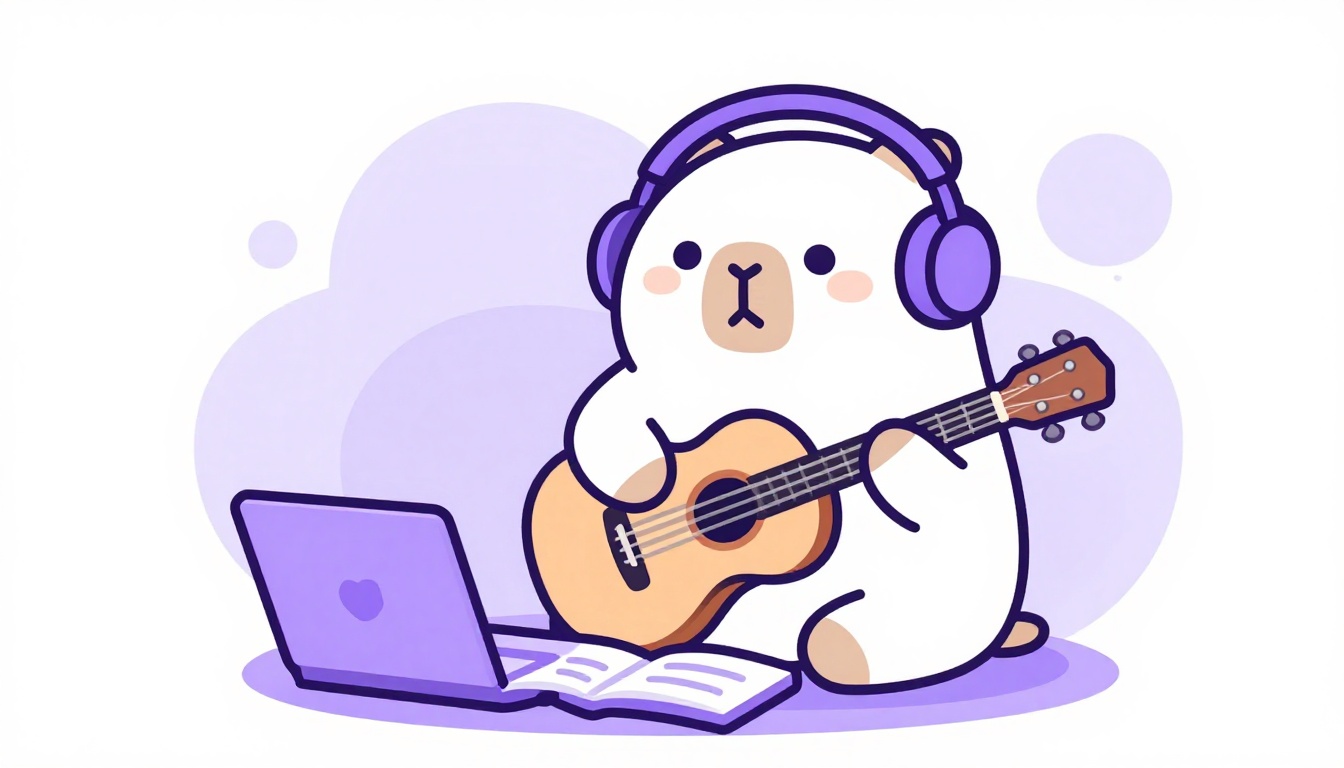 Capy, a capivara mascote do Comigo, praticando violão com fones de ouvido