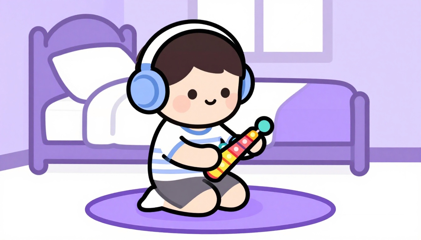 Criança com fone de ouvido tocando um xilofone de brinquedo em cima de um tapete