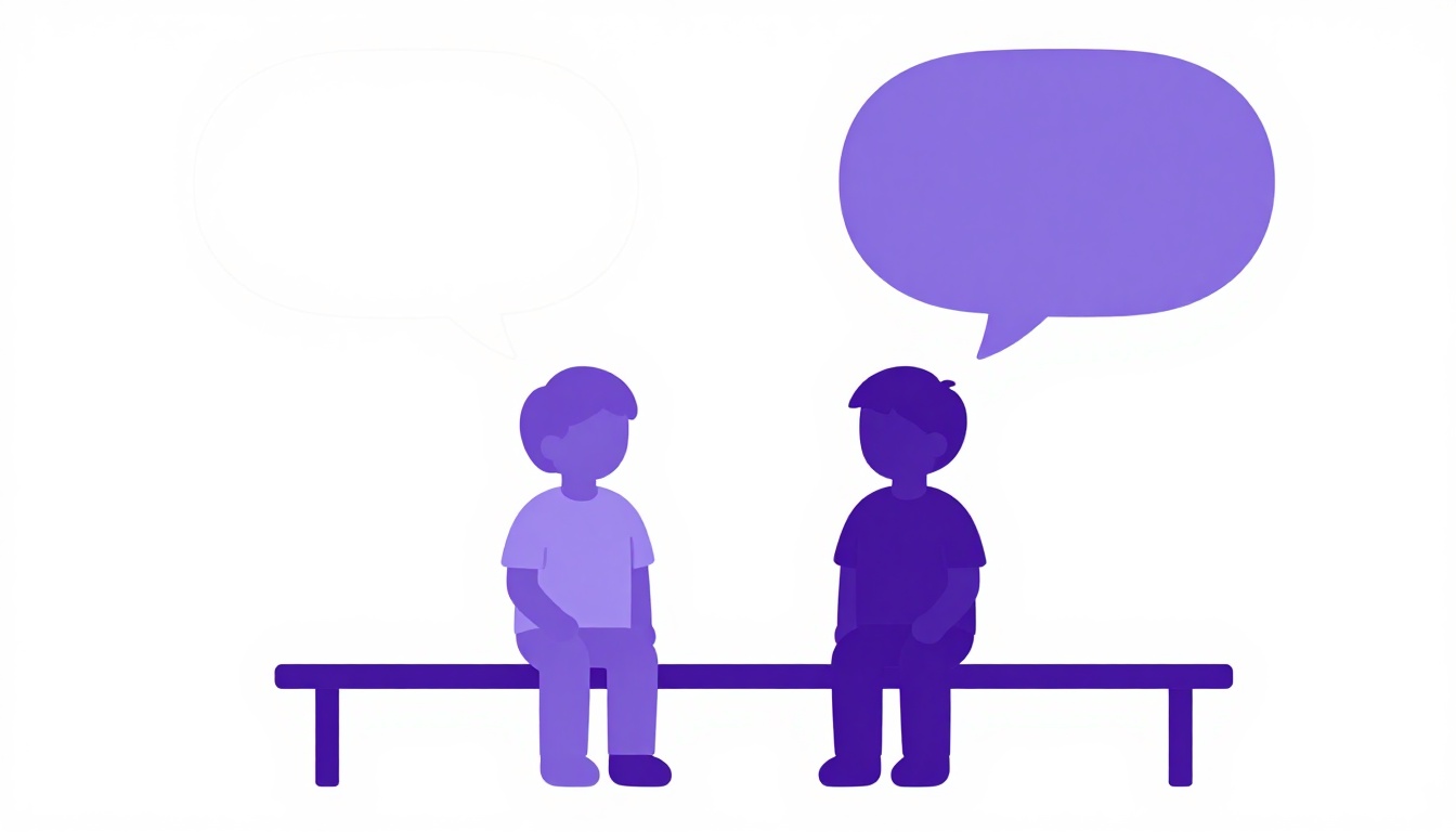 Duas crianças conversando animadamente com balões de fala ilustrando um diálogo em inglês