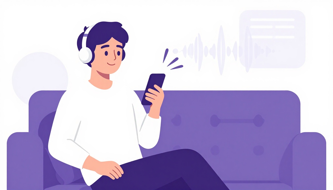 Jovem sorrindo enquanto fala em voz alta praticando inglês pelo celular em um ambiente relaxado de casa