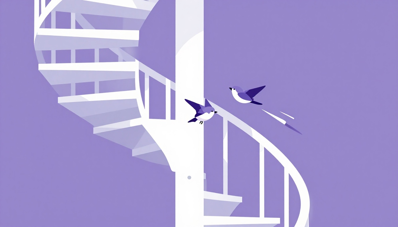 a spiral staircase with two small birds flying quickly away from it