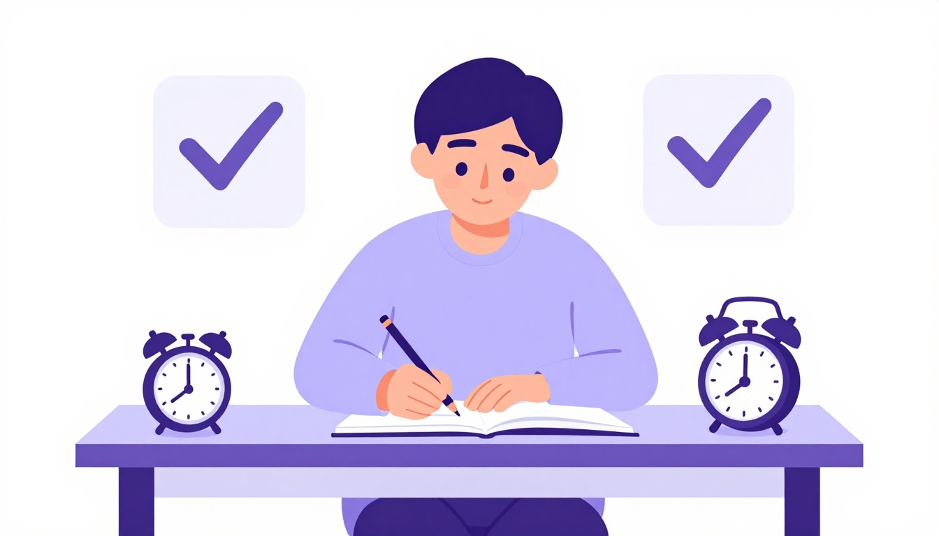 a student sitting at a desk writing -ir verb exercises in a notebook with a pencil, a checkmark and a small clock nearby