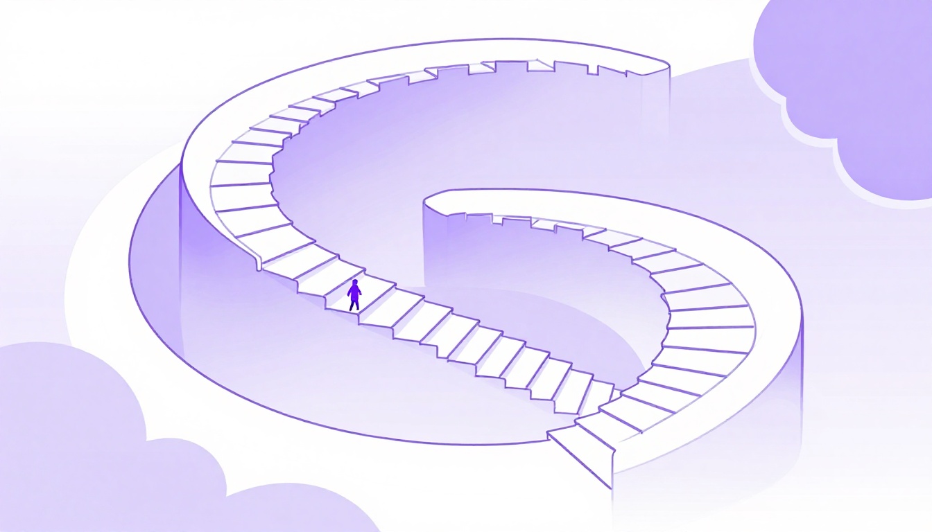 A winding staircase or climbing path leading upward, representing the step by step progress through English proficiency levels