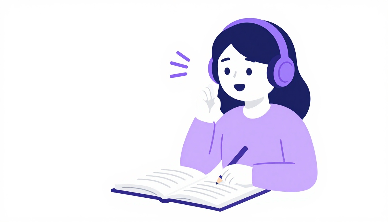 Someone practicing speaking out loud with headphones on and a notebook nearby, representing daily active English practice