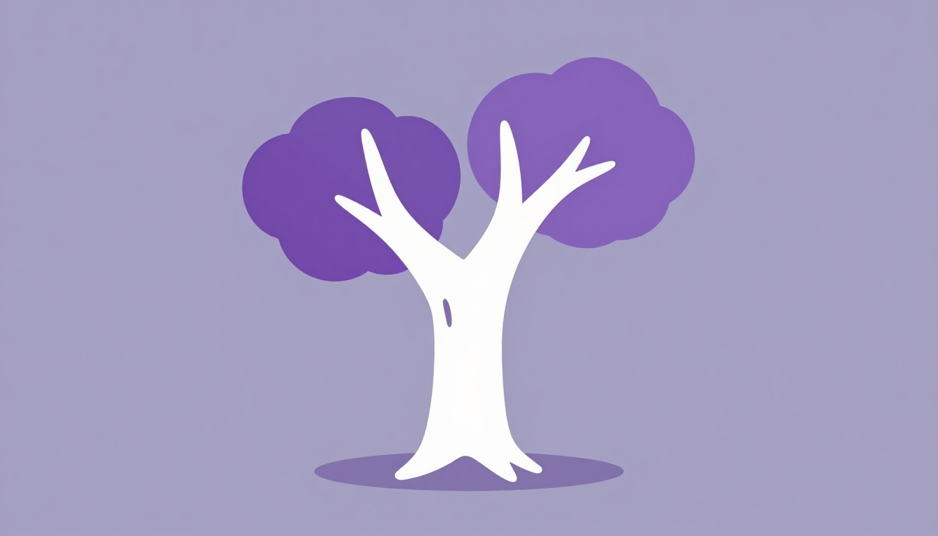 a tree trunk splitting into two closely intertwined branches representing related languages