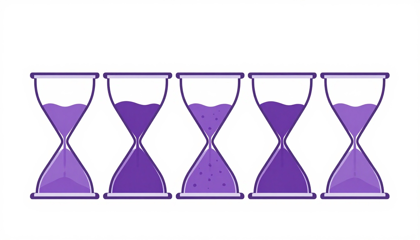 a row of hourglasses growing larger left to right representing increasing study hours