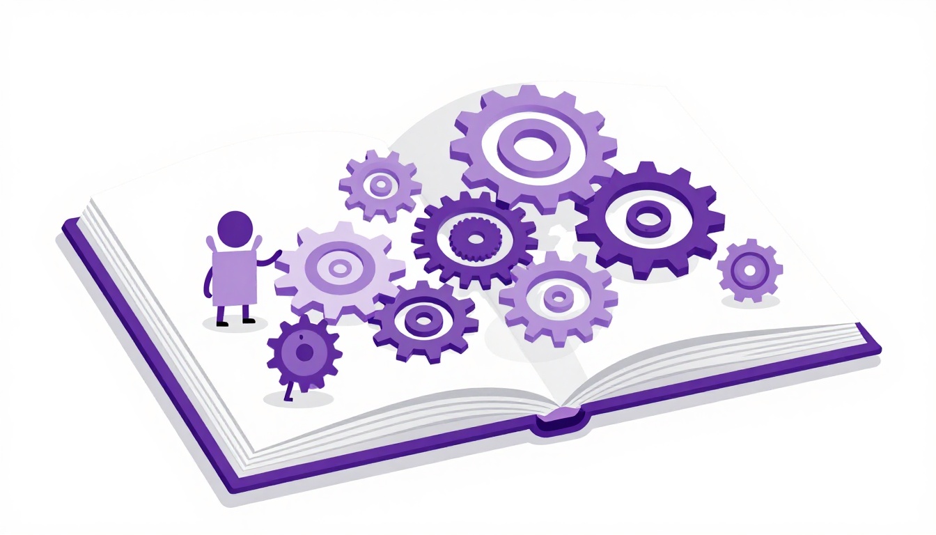 an open book with small mechanical gears turning above its pages, representing grammar complexity
