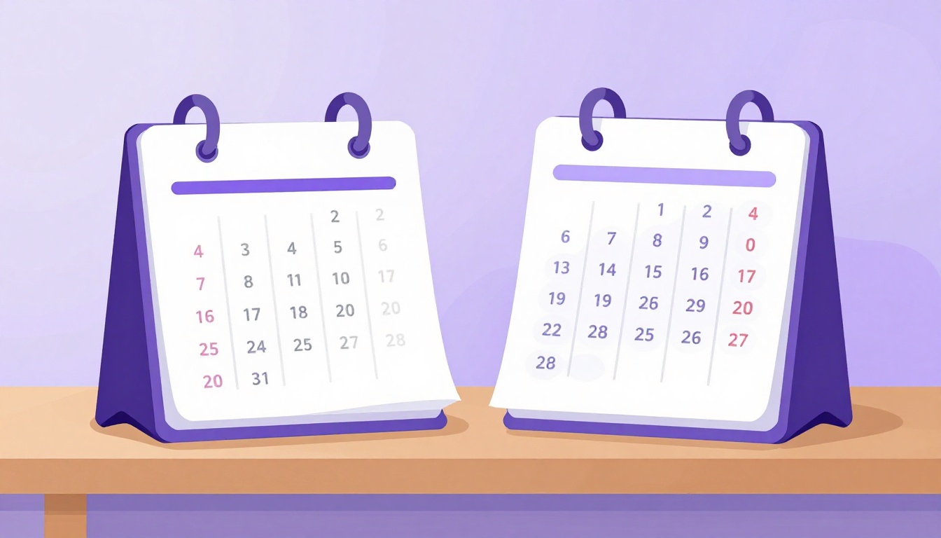 Dois calendários de mesa lado a lado sobre uma prateleira de madeira