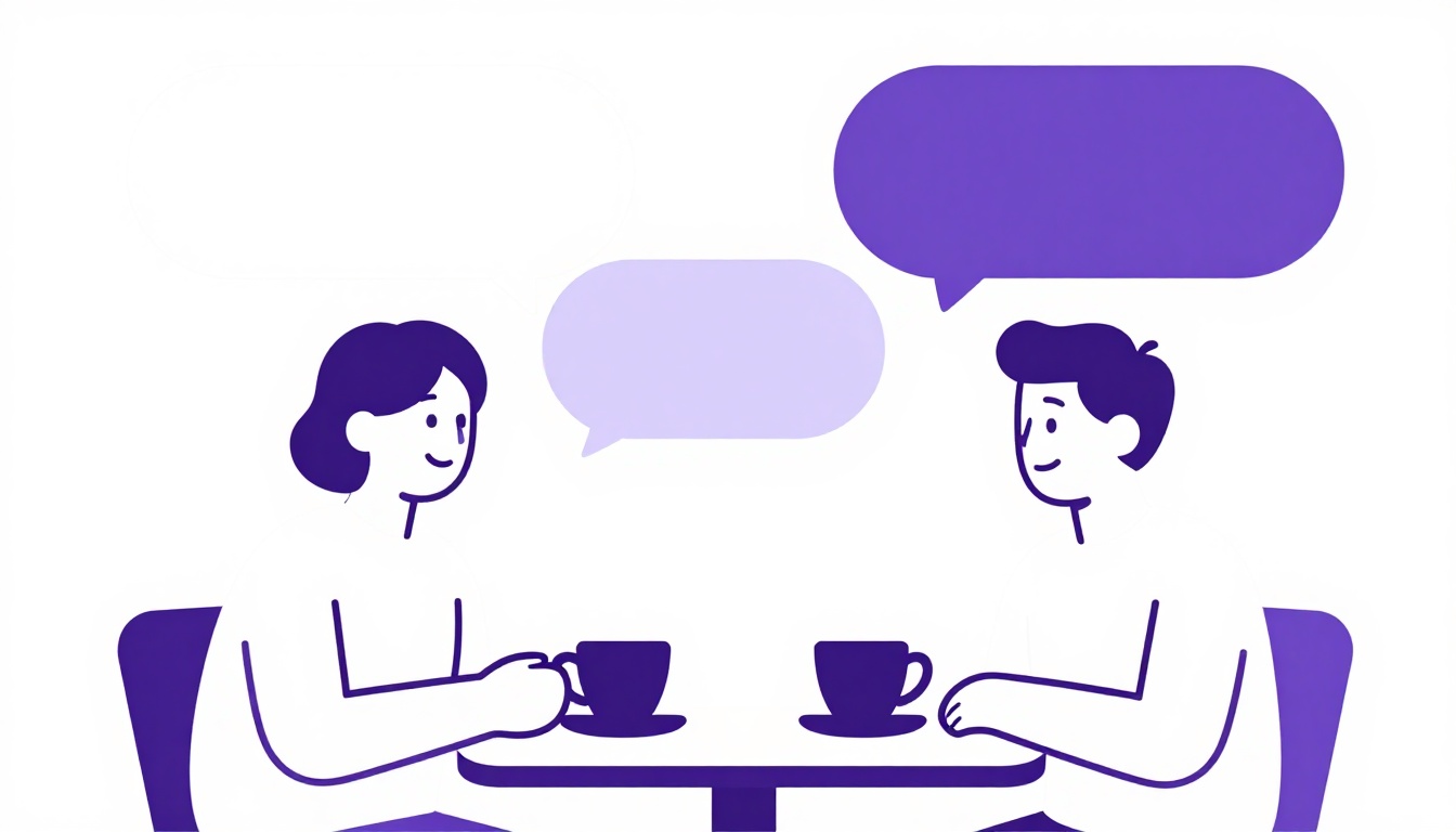Dois amigos conversando em uma mesa de café, com balões de fala vazios entre eles