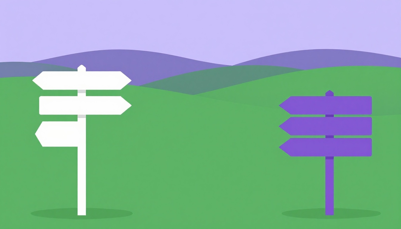 A signpost splitting into two paths through a green landscape, one path leading toward a sunny coastline and the other toward rolling hills