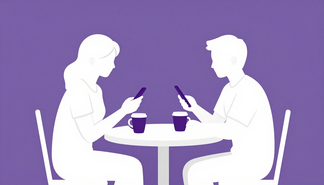 Two people sitting across a small cafe table, phones and coffee cups between them, mid conversation