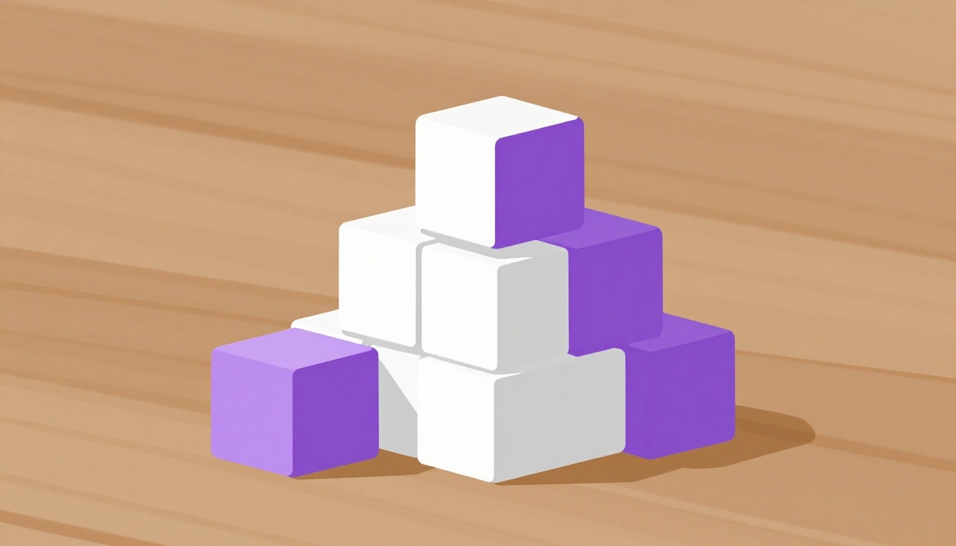 A small uneven pyramid of plain toy blocks in white and purple, one block resting slightly apart from the rest