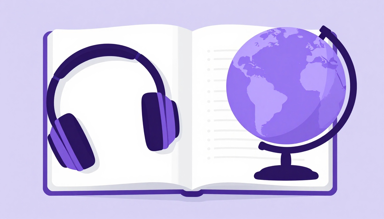 A pair of headphones resting on an open notebook next to a small globe turned toward South America and Western Europe
