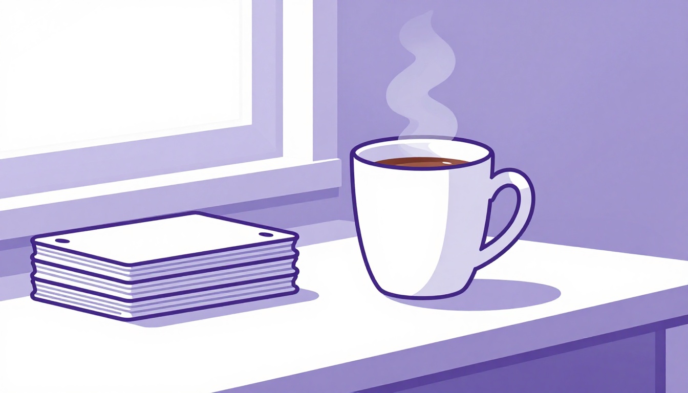A steaming cup of coffee next to a stack of flashcards on a sunlit windowsill