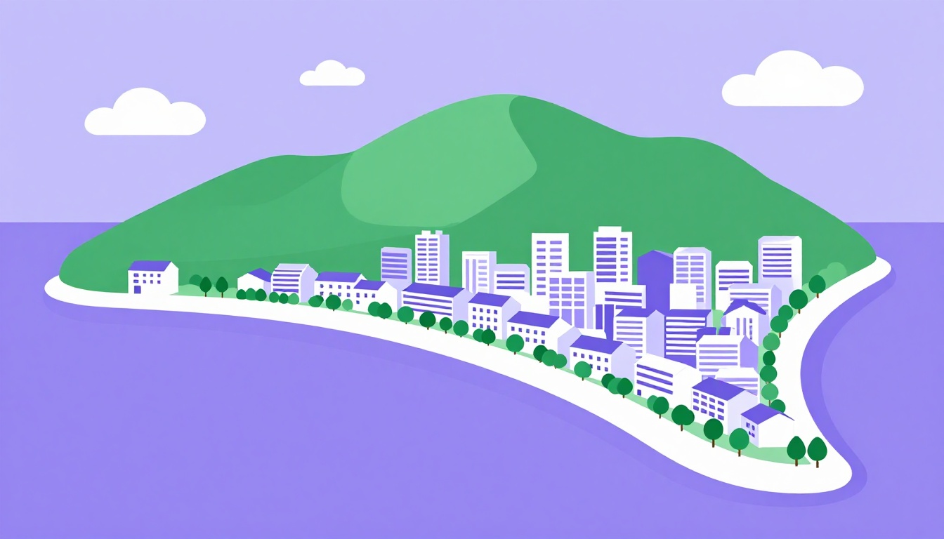 A coastal Brazilian city with a curving beach and a green mountain behind it under soft morning light