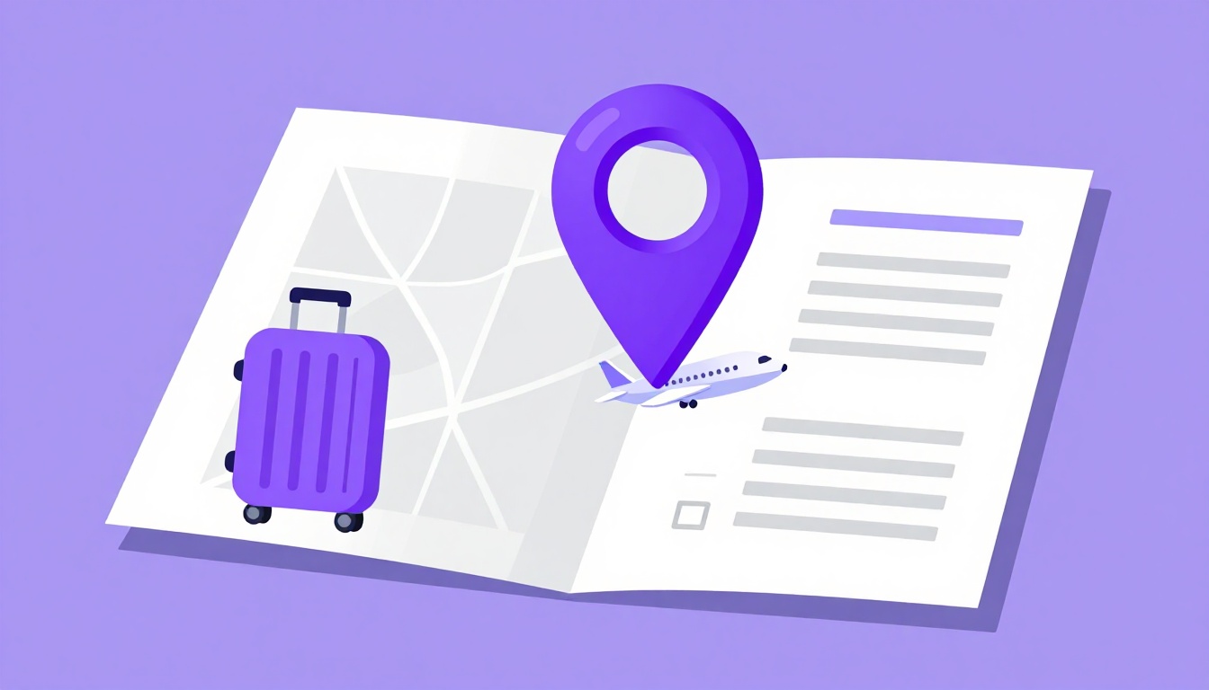 A passport, a boarding pass and a map pin on a wooden desk next to a small suitcase