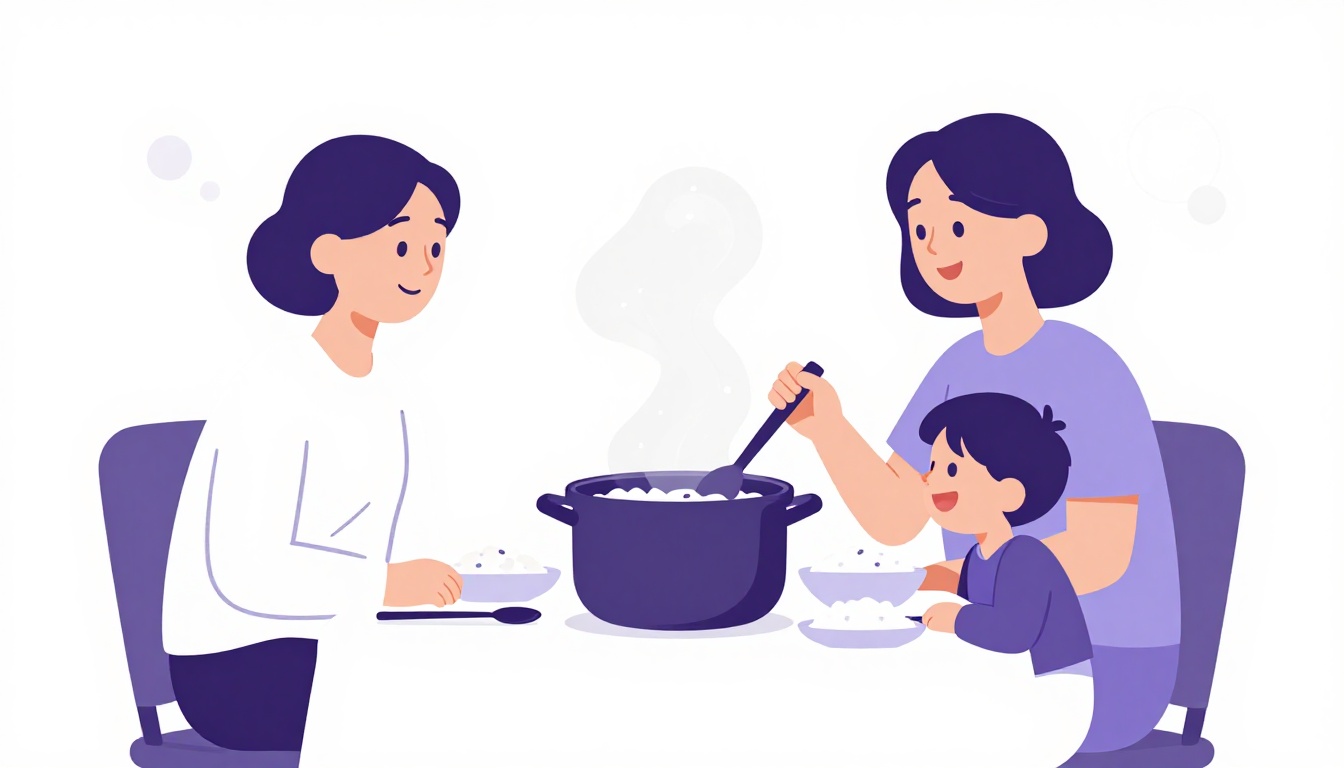 A Brazilian family sharing dinner around a warm kitchen table with rice, beans and salad
