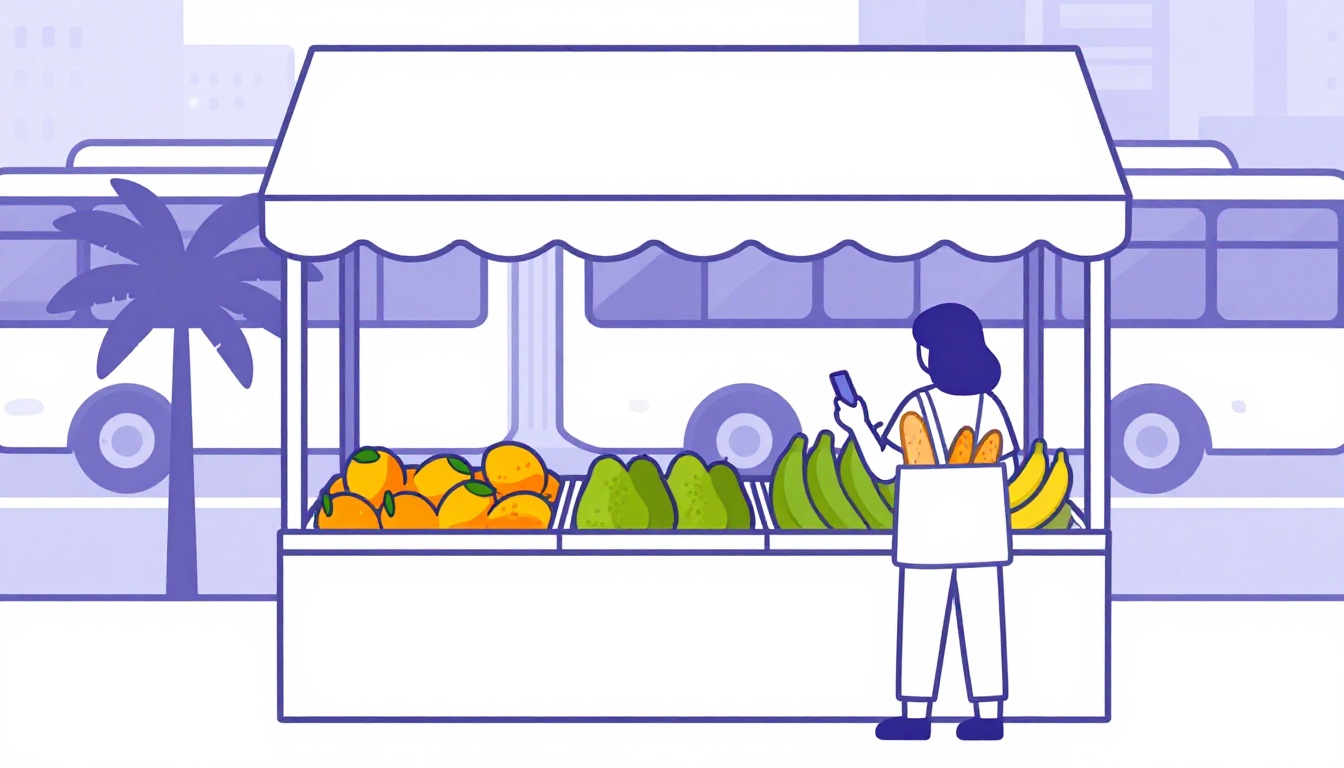 A street corner bakery with a fruit stand outside, warm morning light and a customer ordering at the counter
