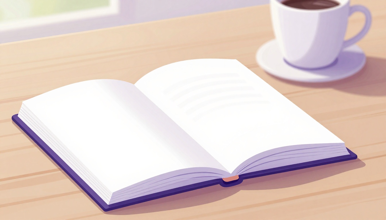 Un libro abierto sobre una mesa de madera con luz suave de la mañana y una taza de café desenfocada al fondo