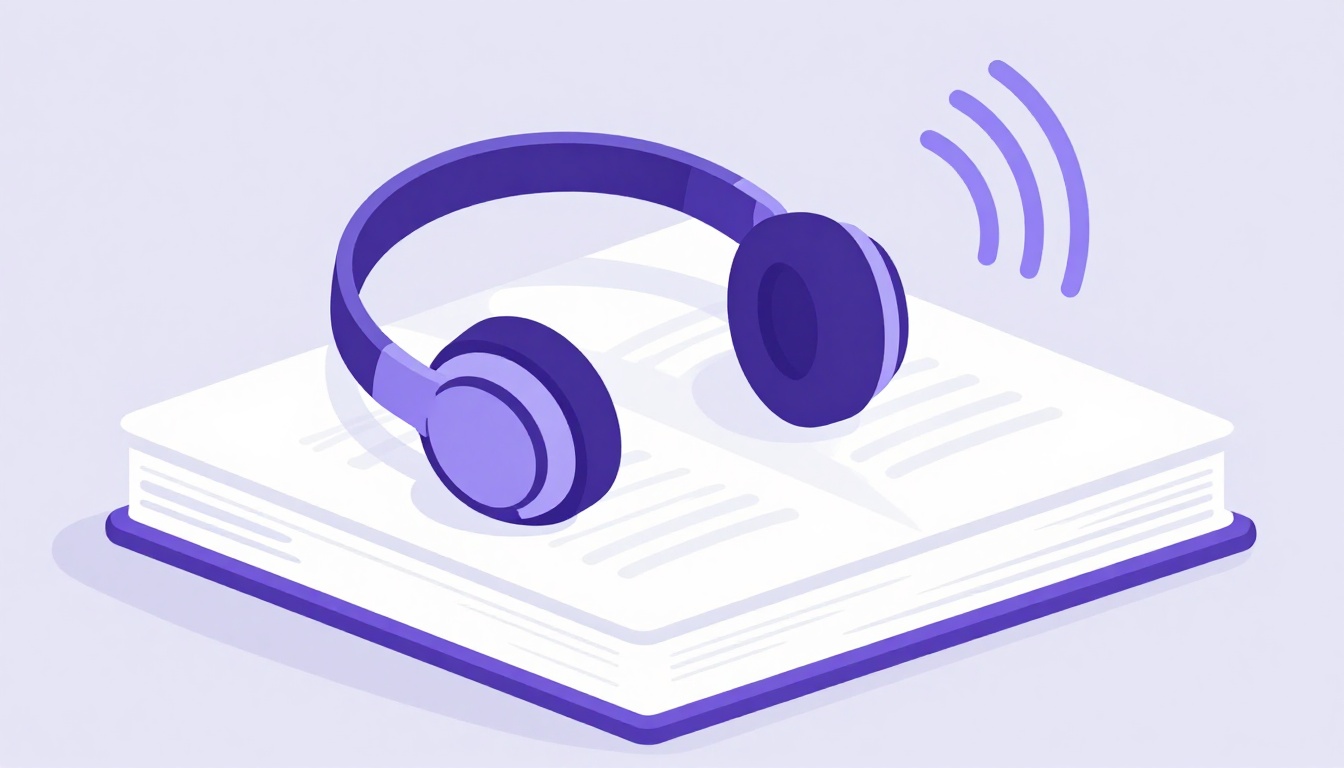 Unos auriculares apoyados sobre un libro cerrado, con ondas de sonido saliendo de ellos