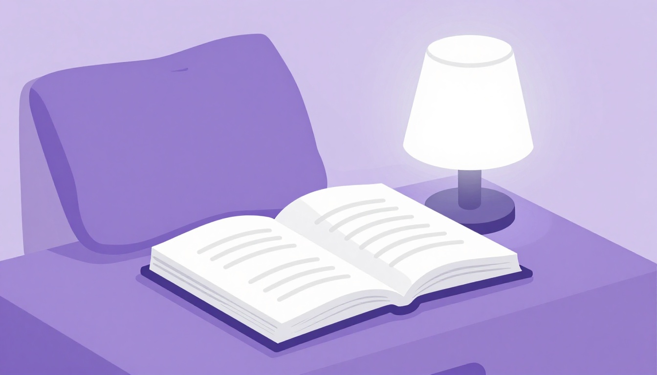 Una lámpara de mesilla iluminando un libro abierto sobre una mesita de noche por la noche