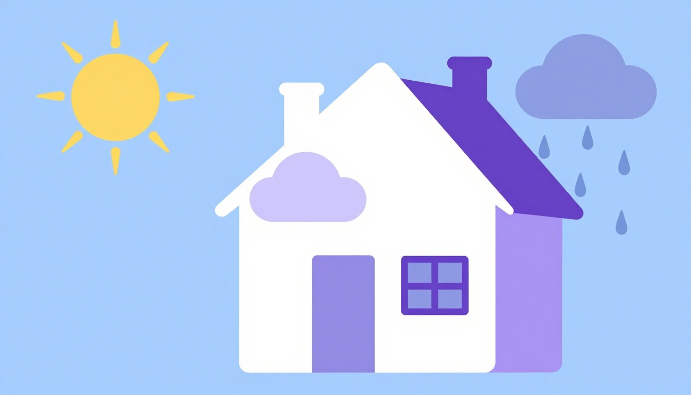 Casa dividida entre um lado ensolarado e outro chuvoso, ilustrando adjetivos de clima em inglês como sunny e rainy