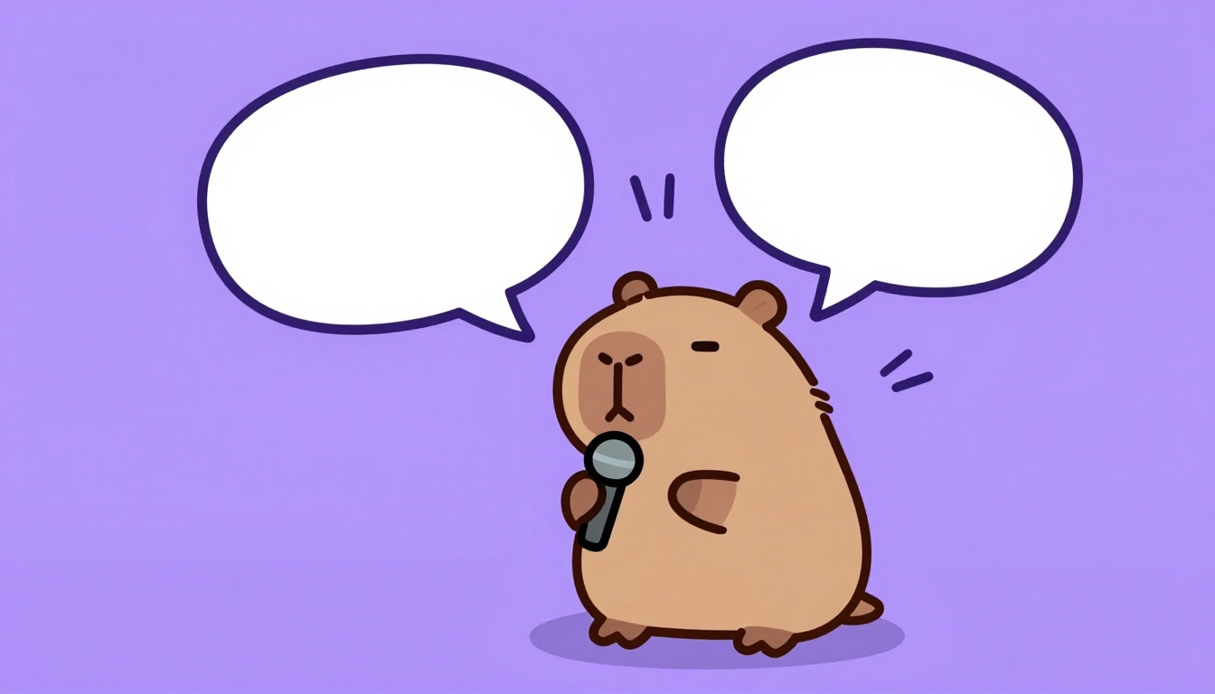 Capy o capivara falando ao microfone com dois balões de fala vazios, representando a prática de adjetivos em inglês em voz alta