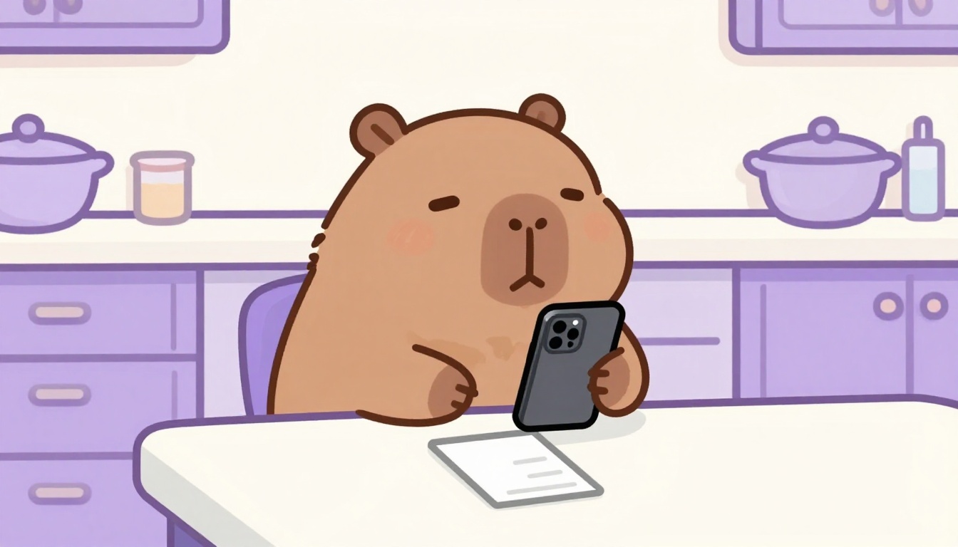 capivara Capy sentada à mesa da cozinha com um bloco de notas e um celular
