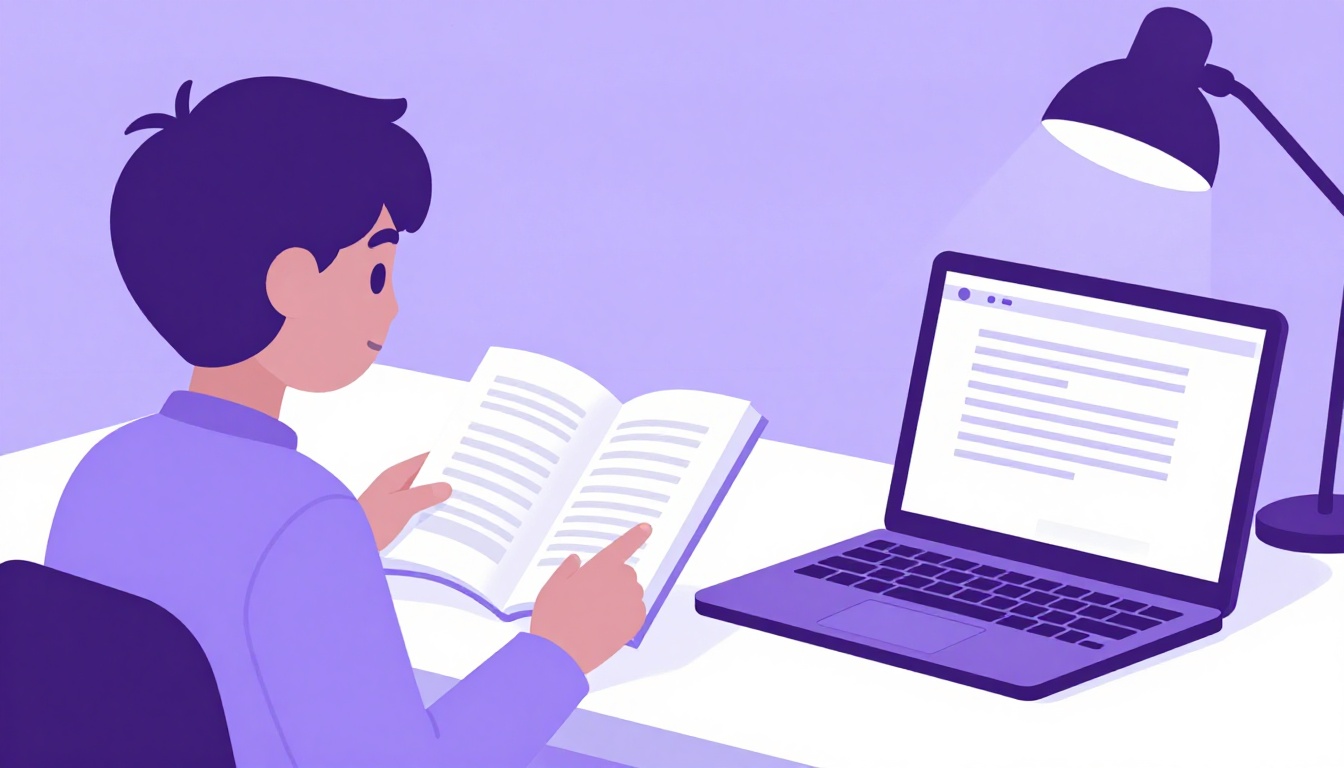 Estudante folheando um livro didático de inglês ao lado do notebook aberto em um PDF
