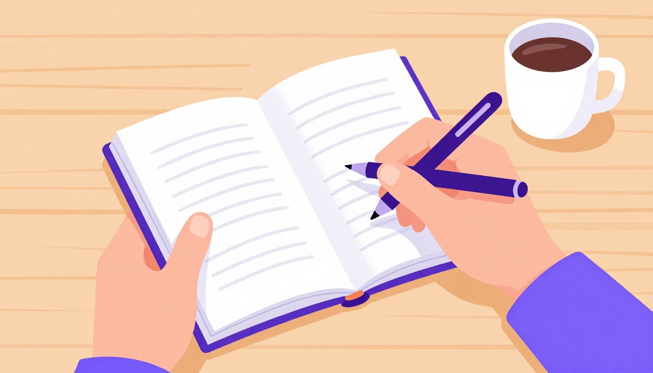 Mãos folheando um livro didático de inglês junto com um caderno de anotações e uma xícara de café