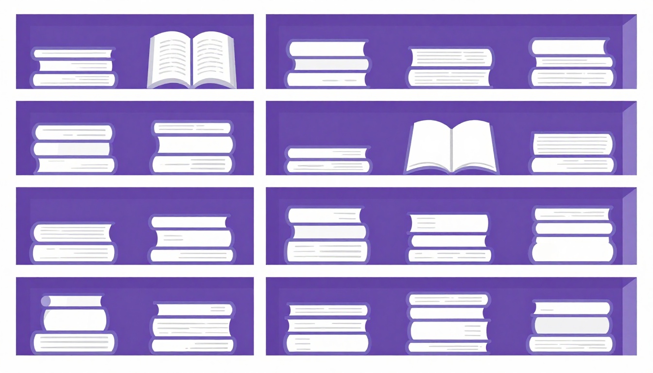 Uma estante colorida cheia de livros infantis de vários tamanhos, alguns grossos livros de papelão e outros finos livros de capítulo