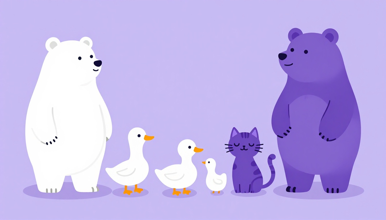 Uma fileira de animais coloridos de história infantil, um urso, um pato e um gato, lado a lado ao ar livre