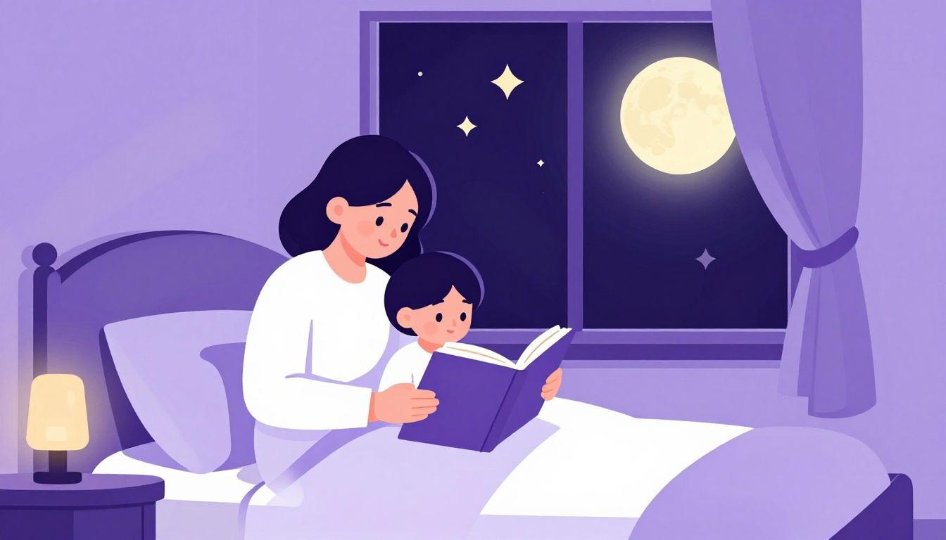 Uma mãe e uma criança sentadas na cama lendo um livro juntas à noite, com a lua e estrelas visíveis pela janela