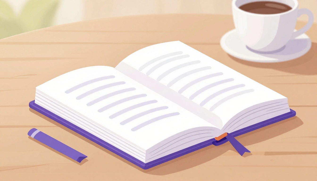 Um livro aberto sobre uma mesa de madeira com um marcador de página saindo entre as folhas, luz suave de manhã e uma xícara de café desfocada ao fundo