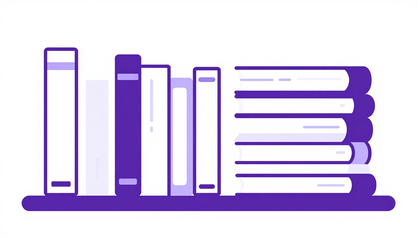 Uma estante organizada por dificuldade, com livros finos e simples do lado esquerdo passando gradualmente para livros mais grossos e complexos do lado direito