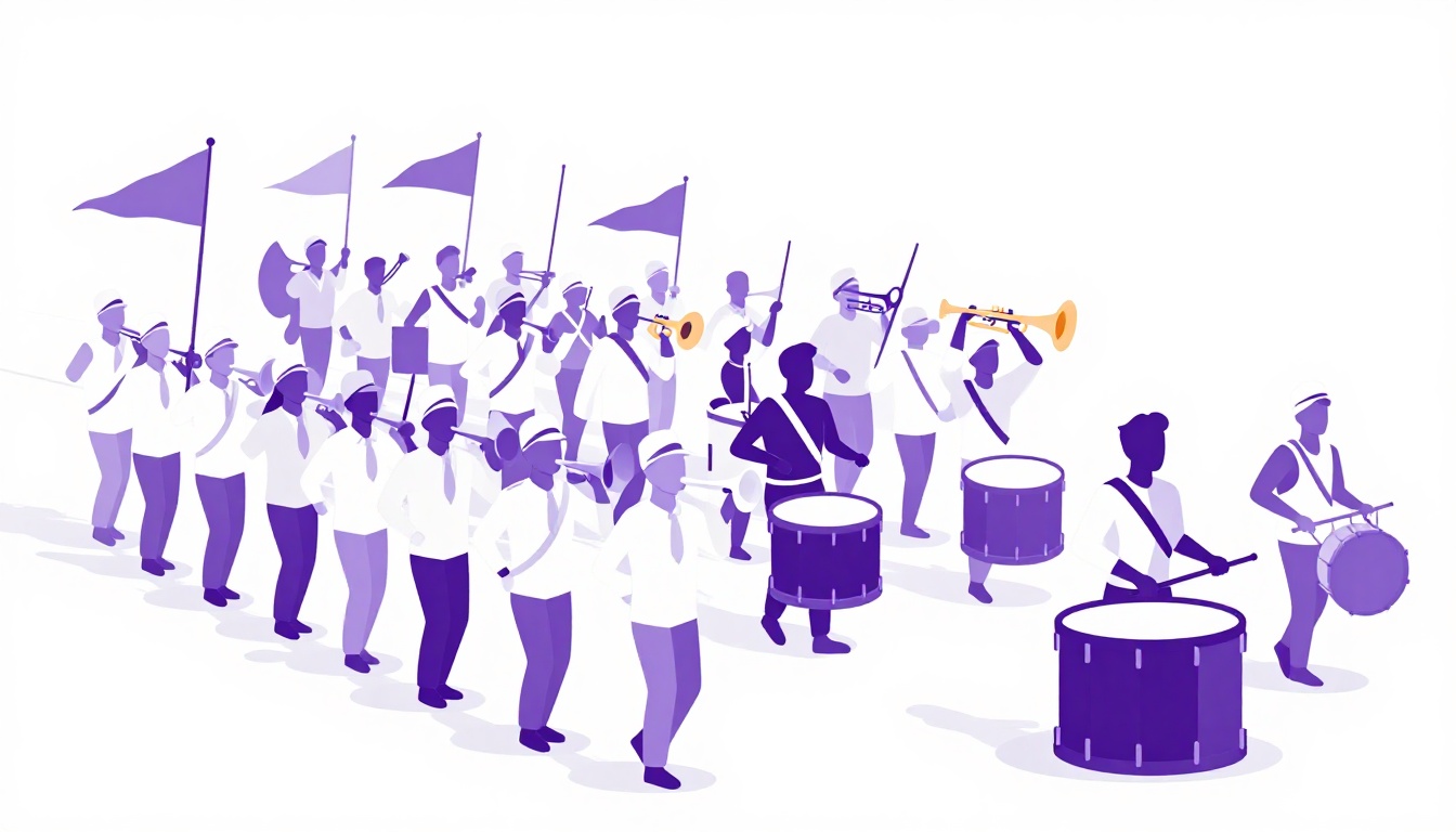 Silhouettes of a marching band with drums and flags parading down a street at dusk