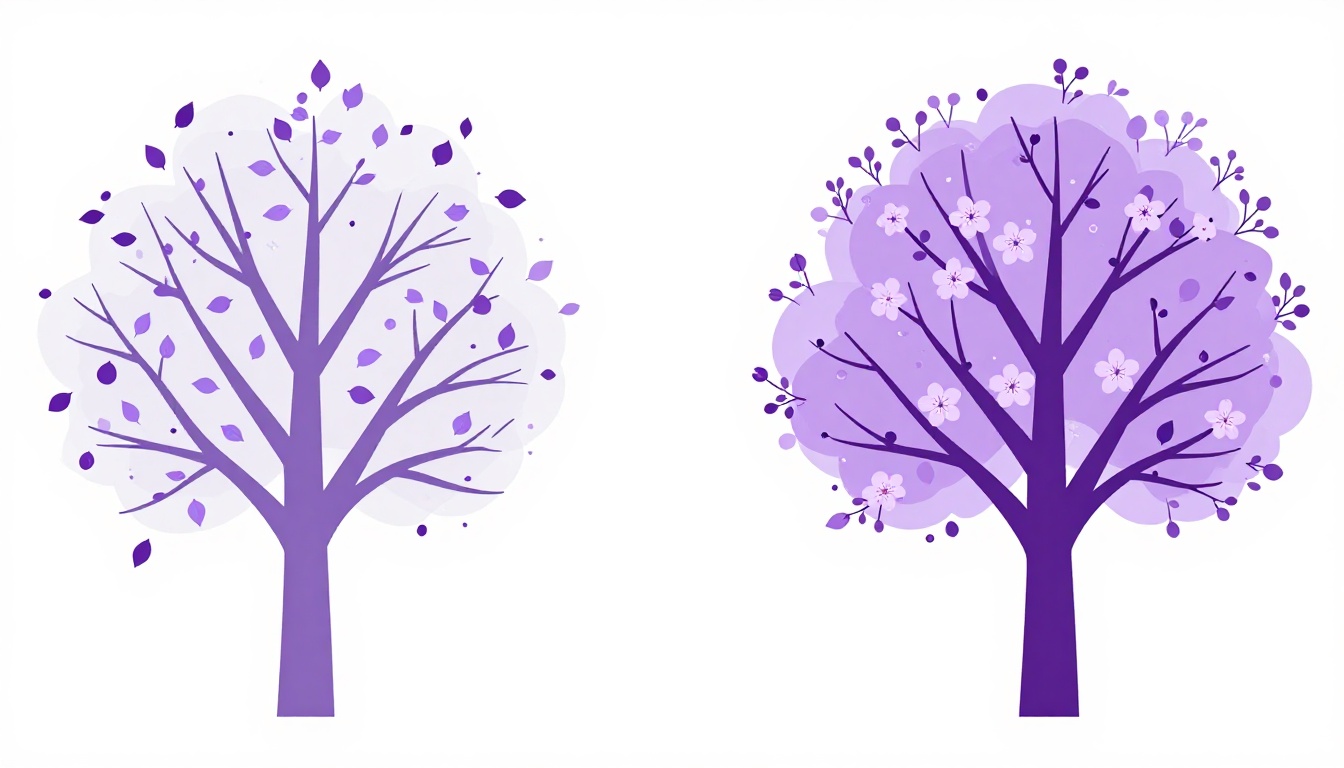 A split scene with autumn leaves falling on one side and spring flowers blooming on the other