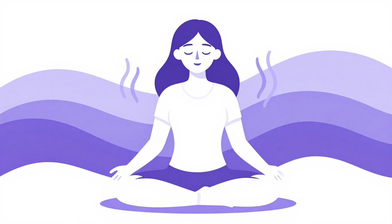 Pessoa sentada de pernas cruzadas com os olhos fechados, ondas suaves de respiração fluindo ao redor do peito, praticando um exercício calmo de respiração